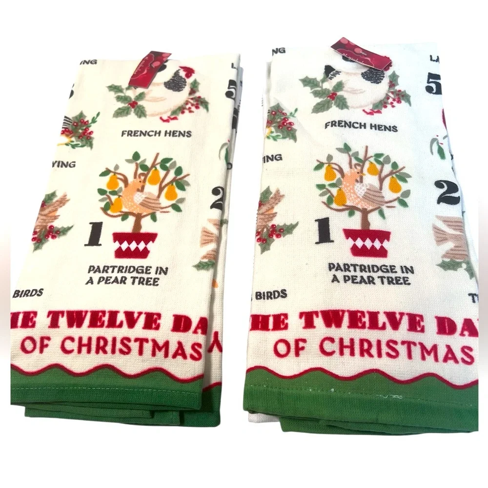 Two Sets of Christmas Themed Kitchen Towels Featuring 12 Days of Xmas.  New